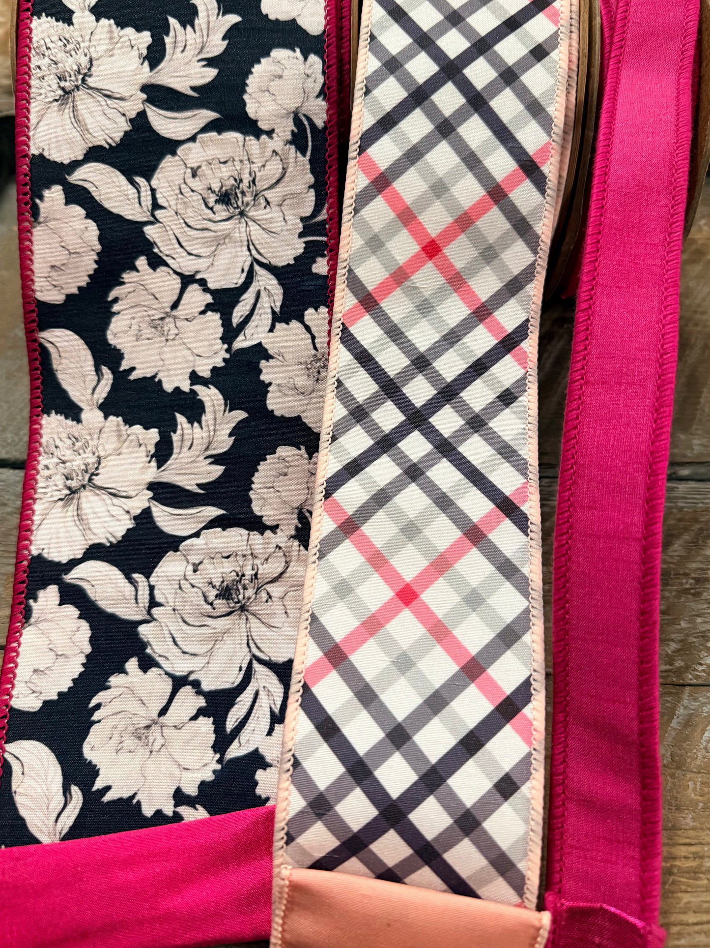 2 1/2" Wired Dupioni Ribbon | Bias Cut Pink and Black Plaid w/ Pink Backing | 10 Yard Roll