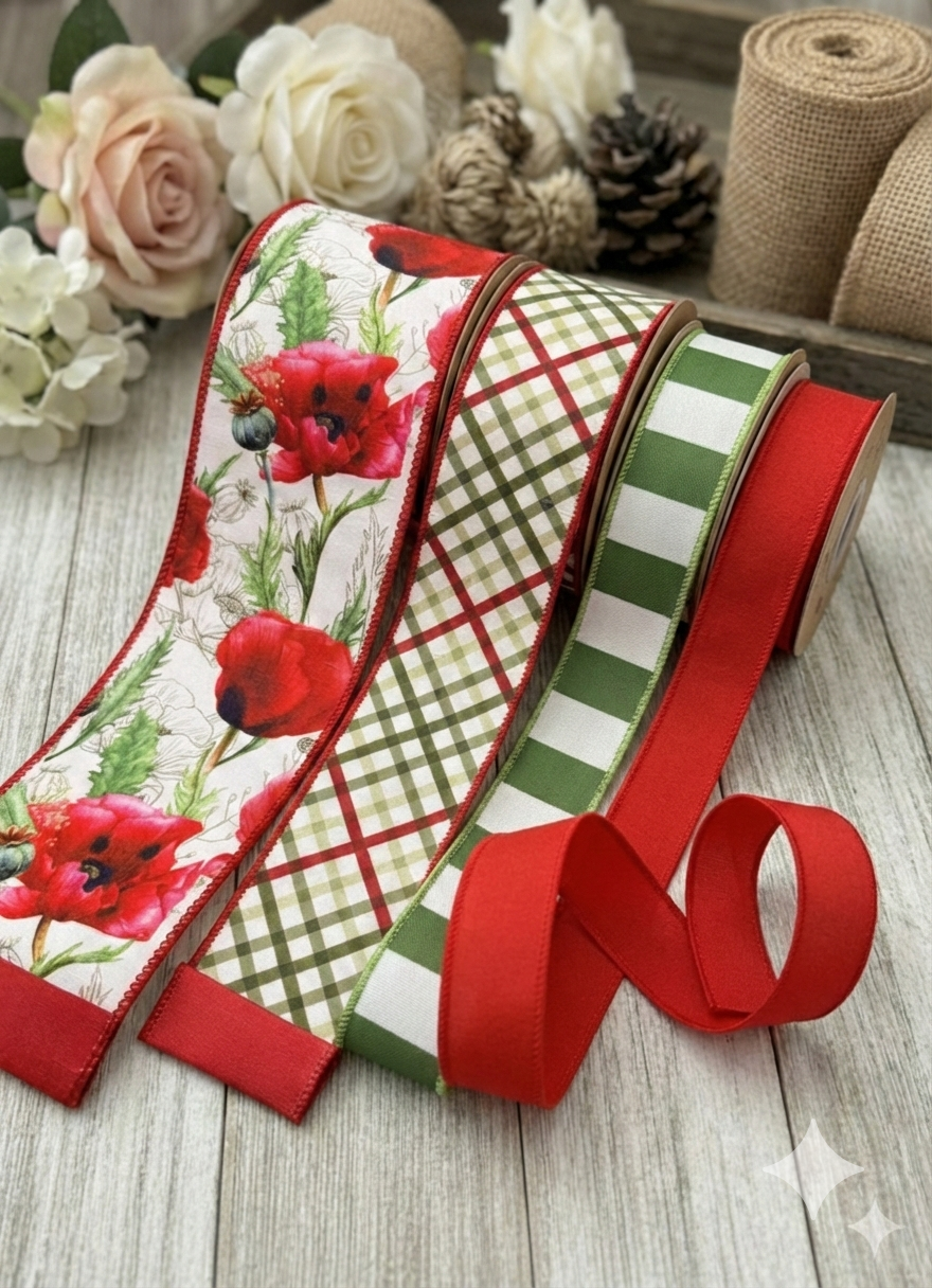 4" Wired Dupioni Ribbon | Poppies on White w/ Red Backing | 10 Yard Roll