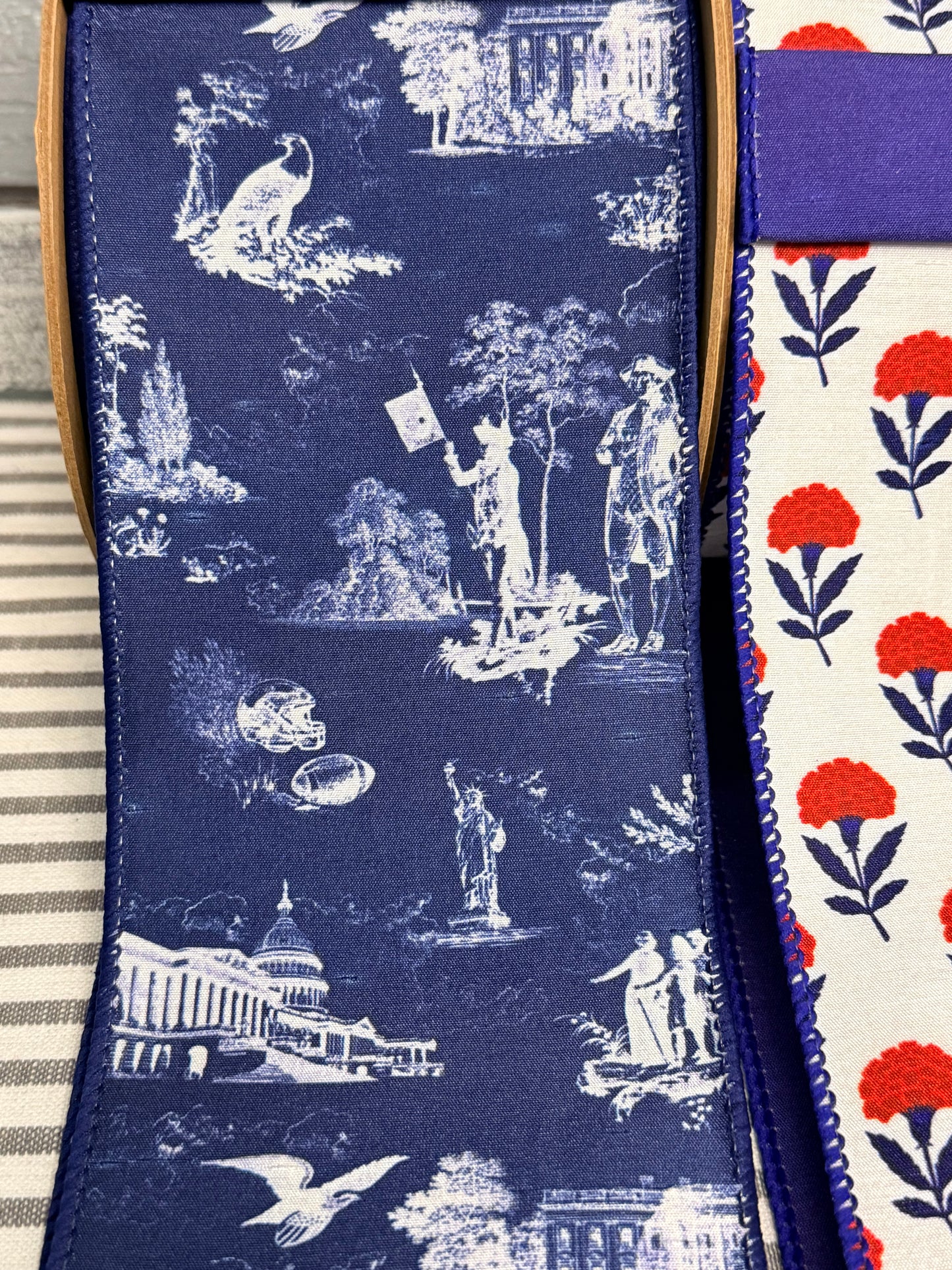 4" Wired Dupioni Ribbon | Patriotic Toile w/Blue Backing | 10 Yard Roll