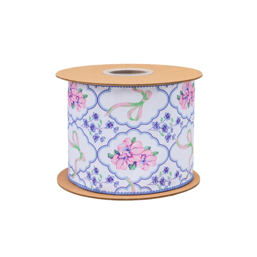 4" Wired Dupioni Ribbon | Bows and Floral Diamonds w/ Blue Backing | 10 Yard Roll
