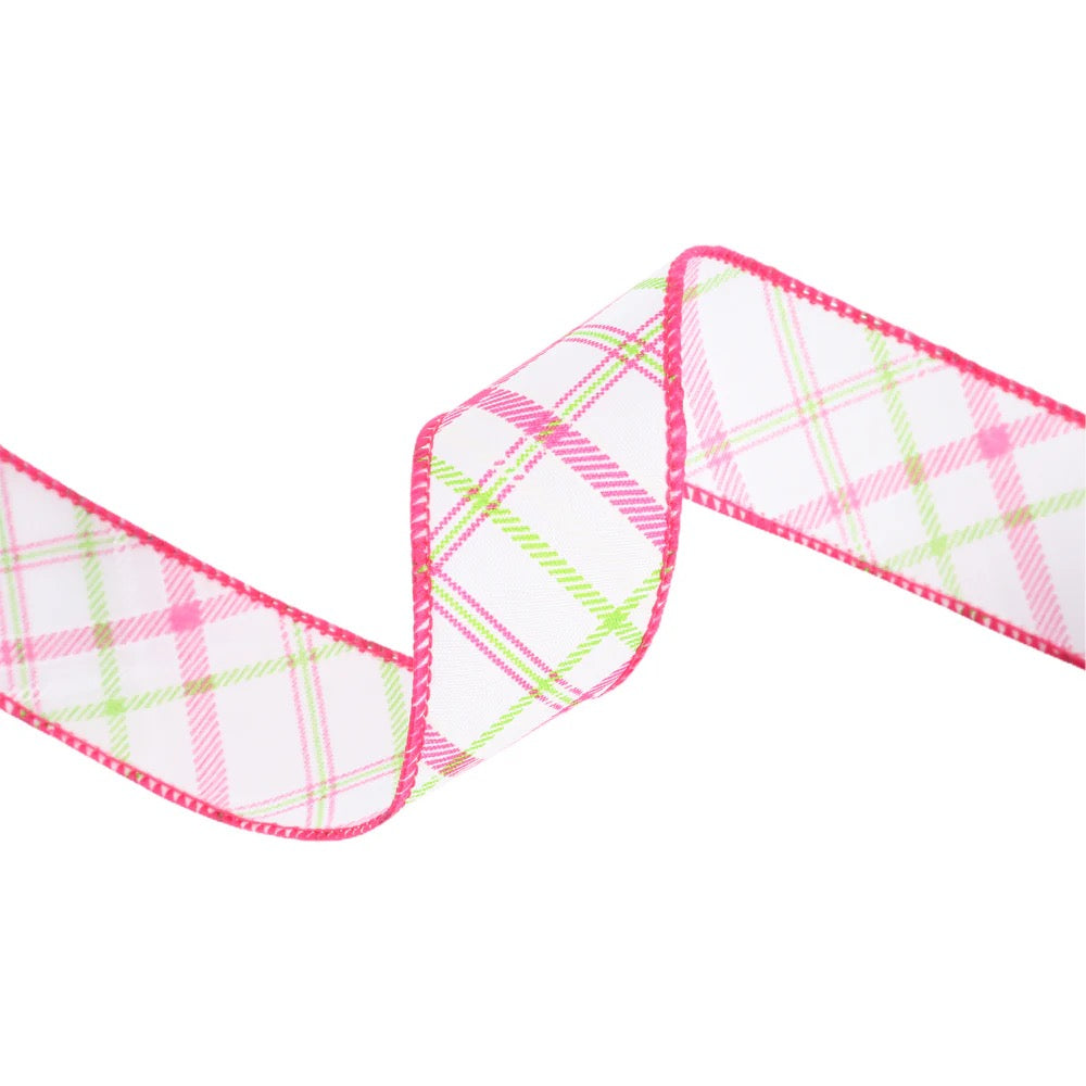 1 1/2" Wired Ribbon | White w/ Pastel Pink and Green Bias Plaid | 10 Yard Roll