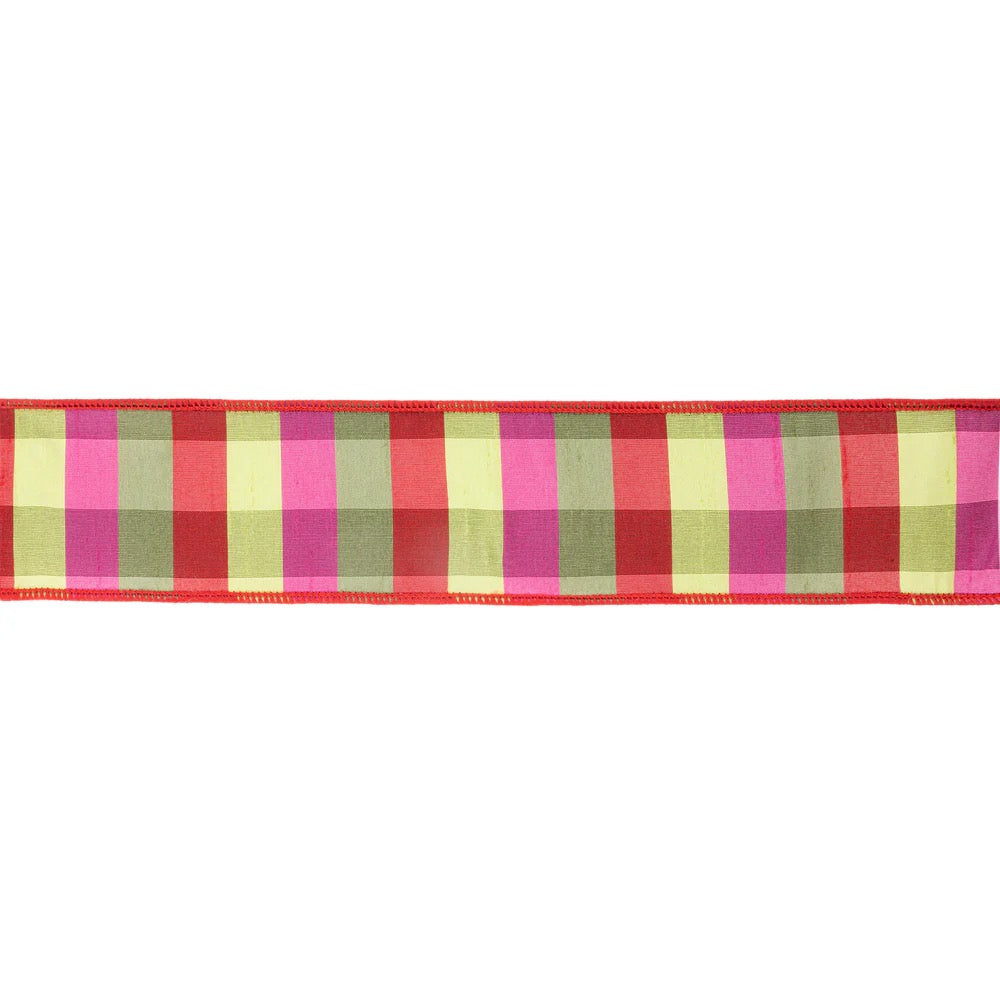 2 1/2" Wired Ribbon | Green/Pink/Red Check | 10 Yard Roll