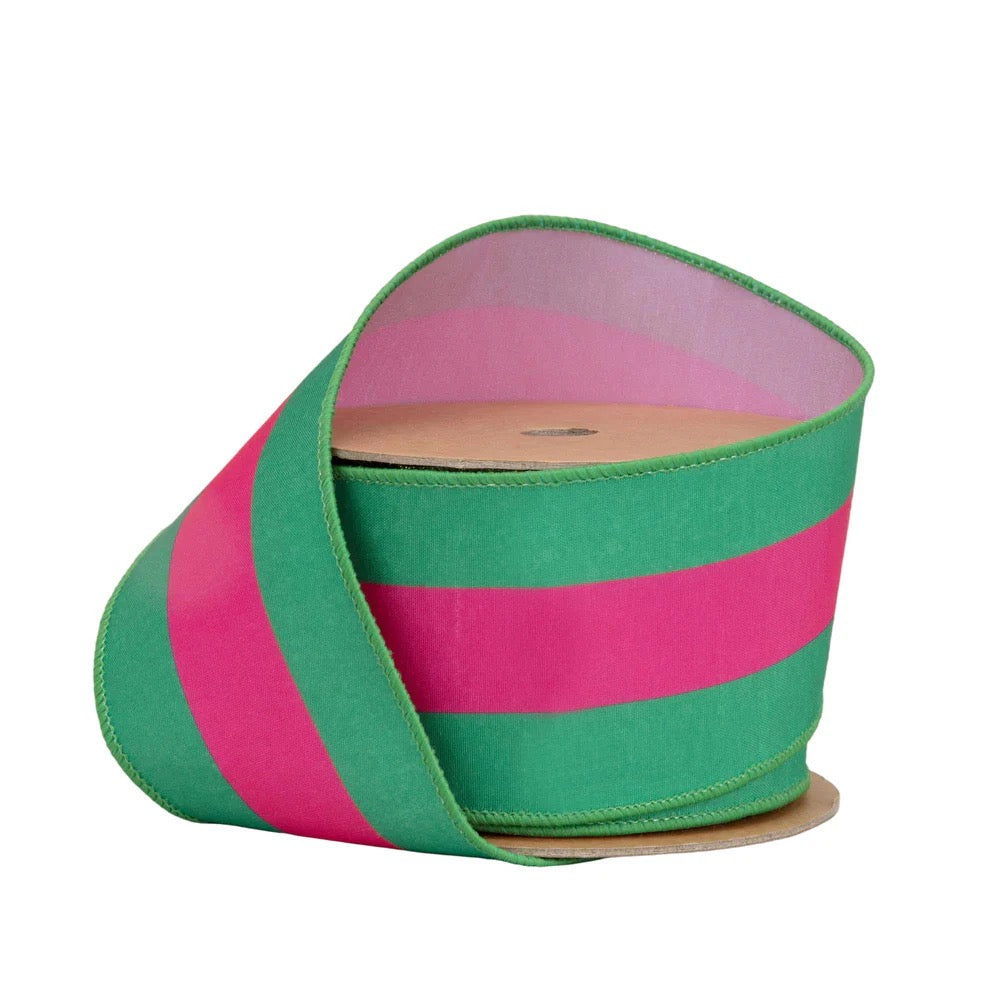 2 1/2" Wired Dupioni Ribbon | Hot Pink and Green Stripe with Pink Backing | 10 Yard Roll