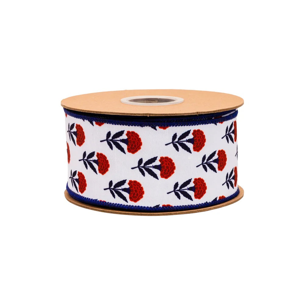 2 1/2" Wired Dupioni Ribbon | Red/White/Blue Floral w/ Blue Backing | 10 Yard Roll