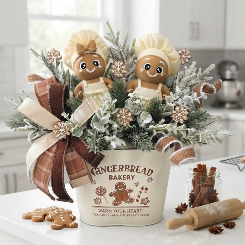 Neutral Gingerbread Bakery Arrangement with Exclusive Chef Duo | Holiday Table Centerpiece