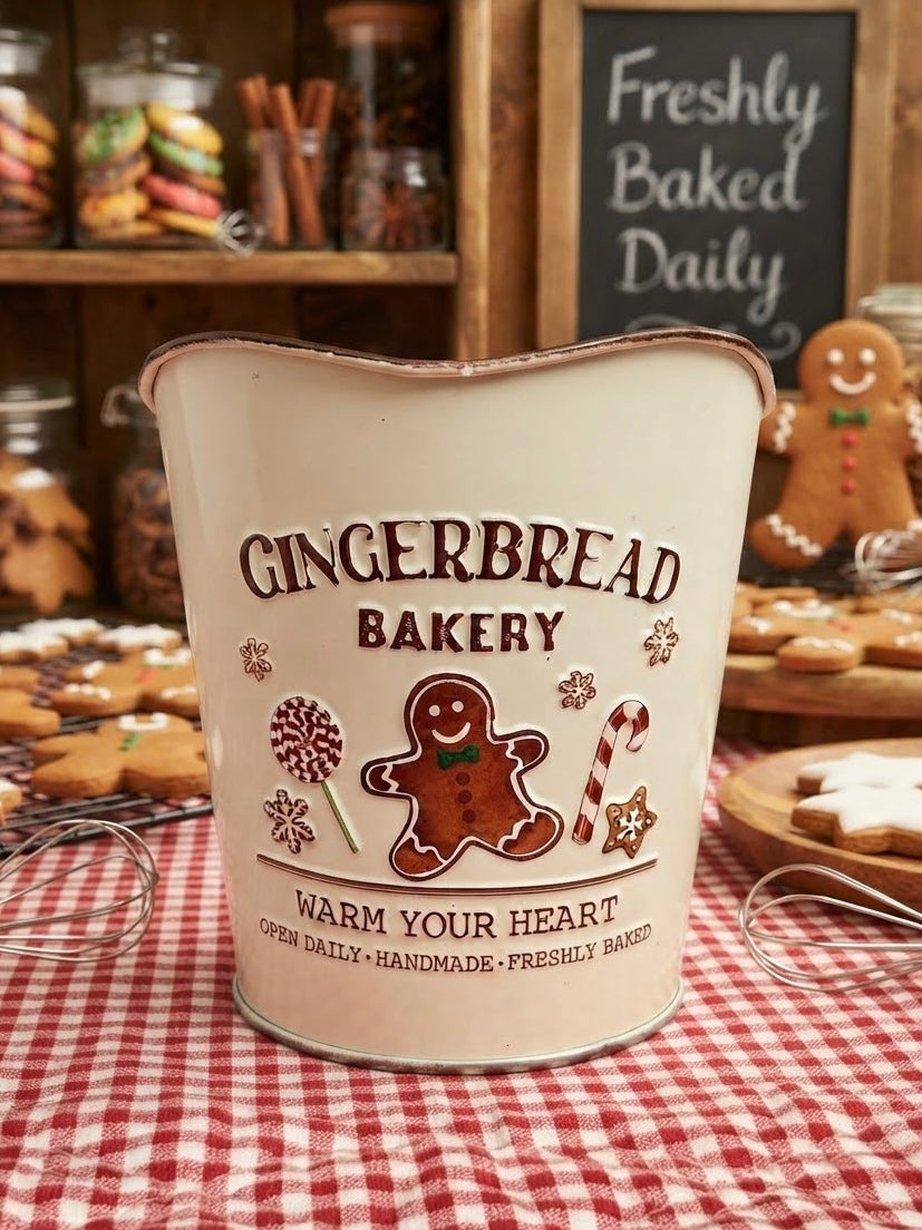 Small- Festive "Gingerbread Bakery" Round Metal Pot – Holiday Planter & Treat Container