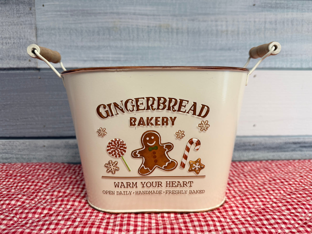Festive "Gingerbread Bakery" Metal Tin Bucket with Wooden Handle – Holiday Home Decor & Gift Container