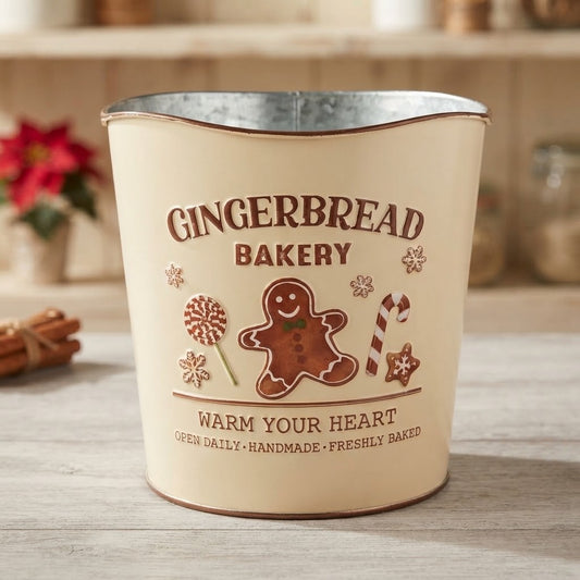 Festive "Gingerbread Bakery" Round Metal Pot – Holiday Planter & Treat Container