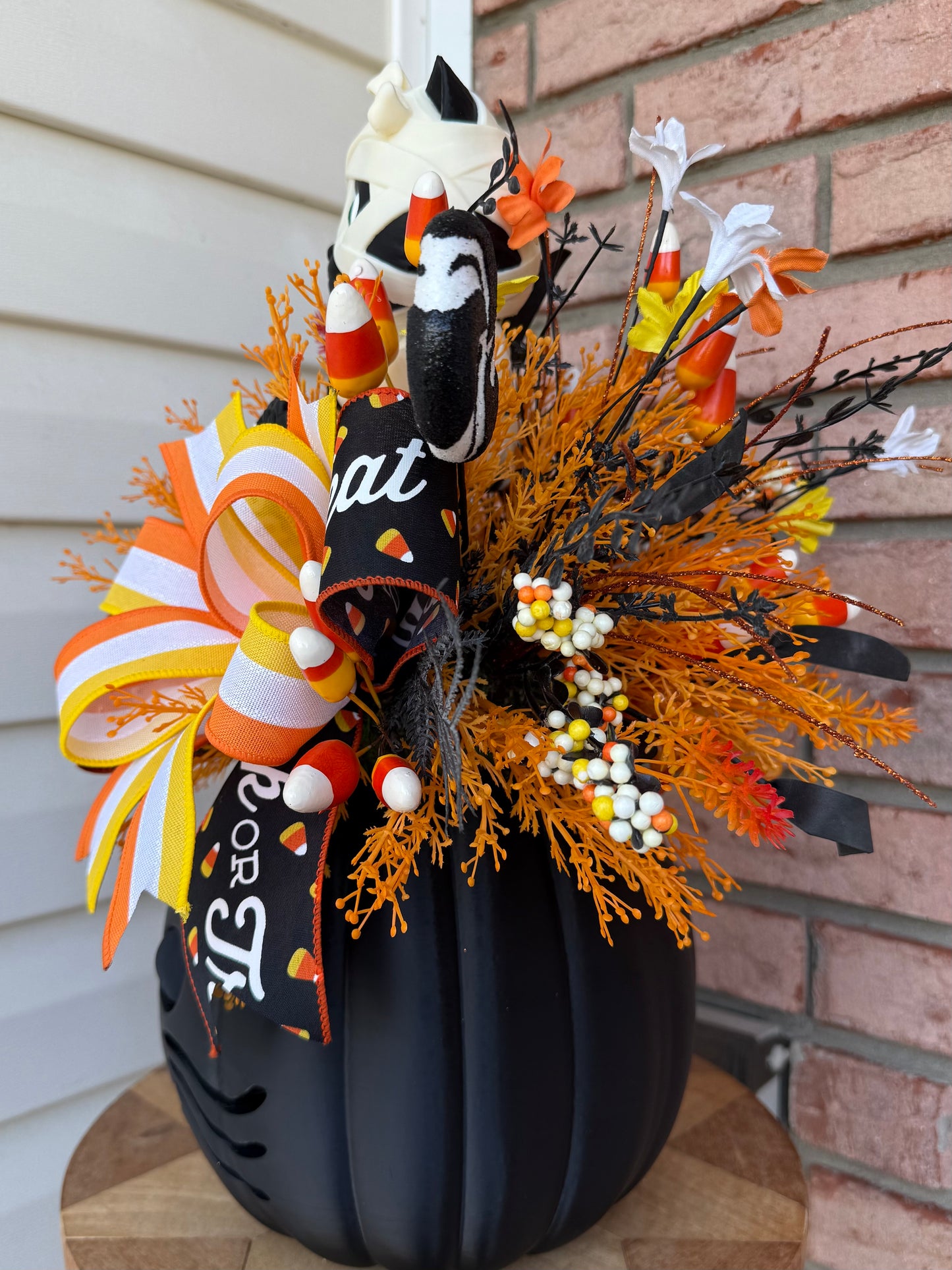 Made To Order- Light-Up 3D Printed Mummy Kitty & Candy Corn Halloween Centerpiece Arrangement