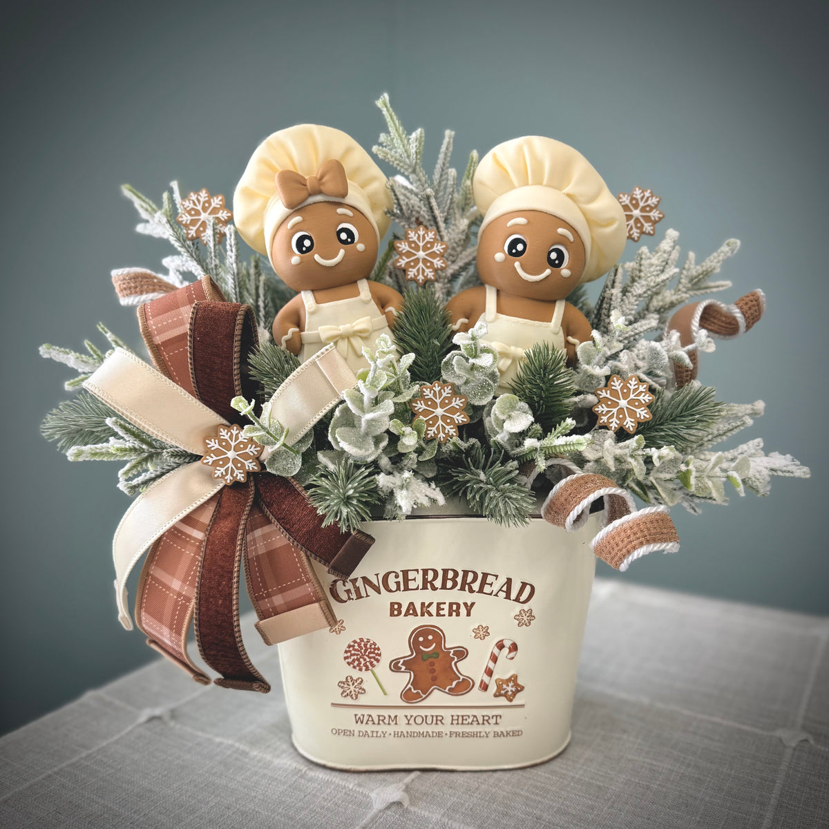 Neutral Gingerbread Bakery Arrangement with Exclusive Chef Duo | Holiday Table Centerpiece