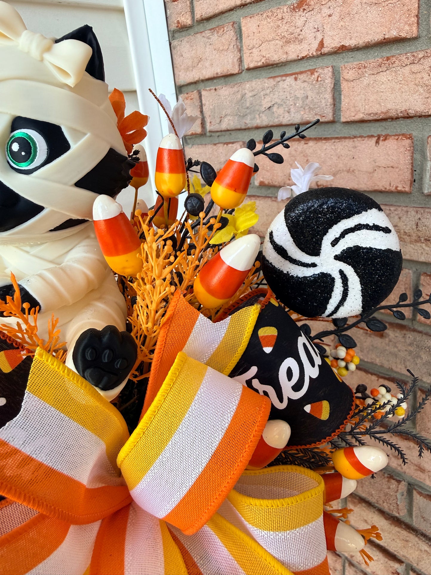 Made To Order- Light-Up 3D Printed Mummy Kitty & Candy Corn Halloween Centerpiece Arrangement