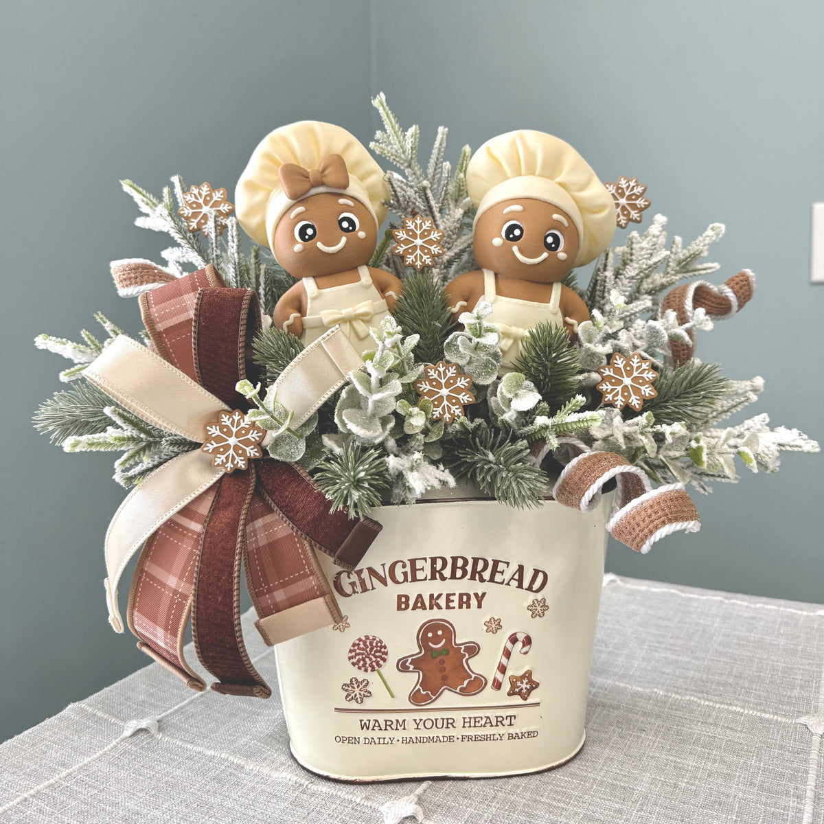 Neutral Gingerbread Bakery Arrangement with Exclusive Chef Duo | Holiday Table Centerpiece