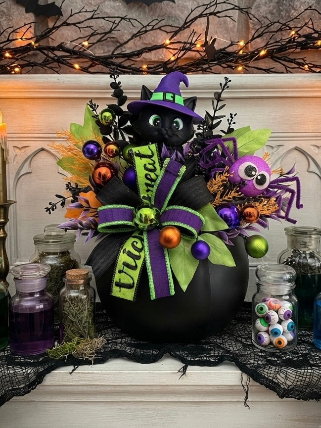 Spooky-Sweet Witch Kitty Cauldron Arrangement 🐈‍⬛🧙‍♀️