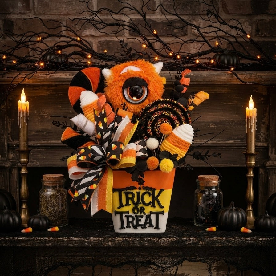 Spooky-Sweet Candy Corn Monster Bucket Arrangement 🎃👻
