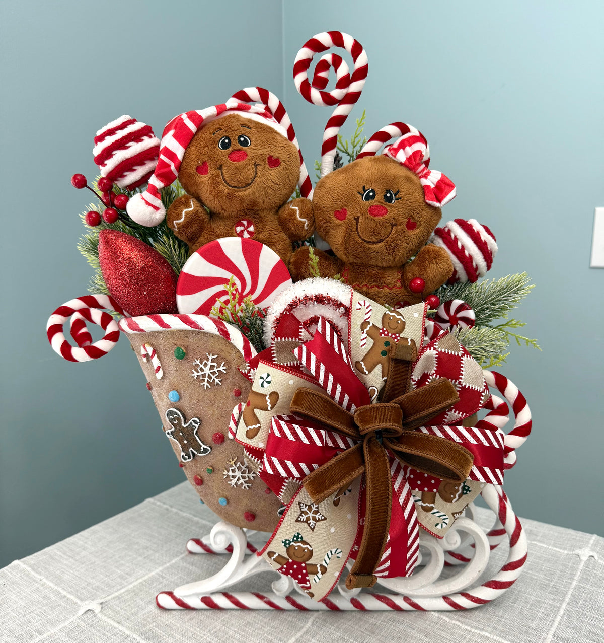 Gingerbread & Peppermint Sleigh Wonderland Floral Arrangement | Holiday Decor