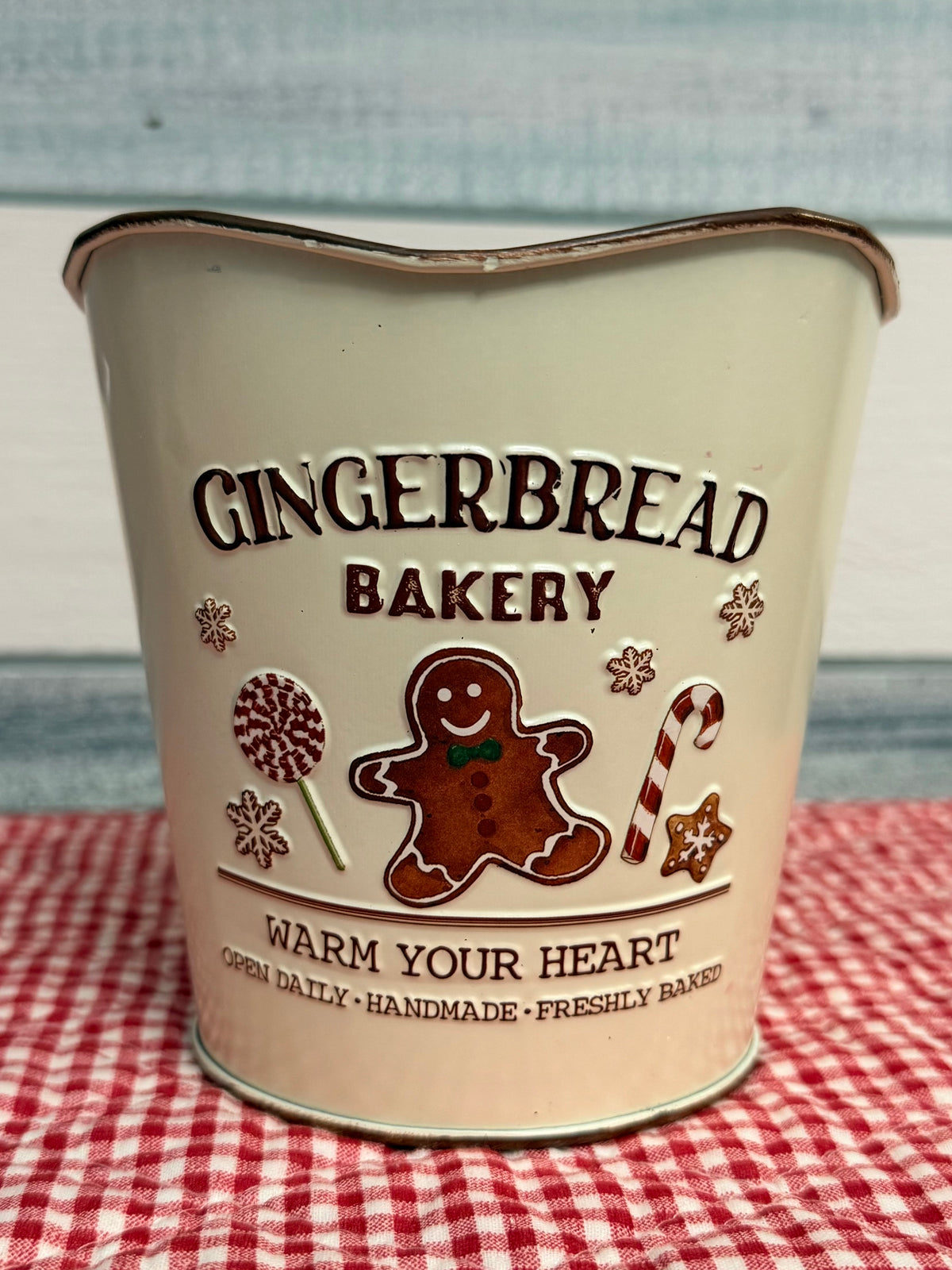 Small- Festive "Gingerbread Bakery" Round Metal Pot – Holiday Planter & Treat Container