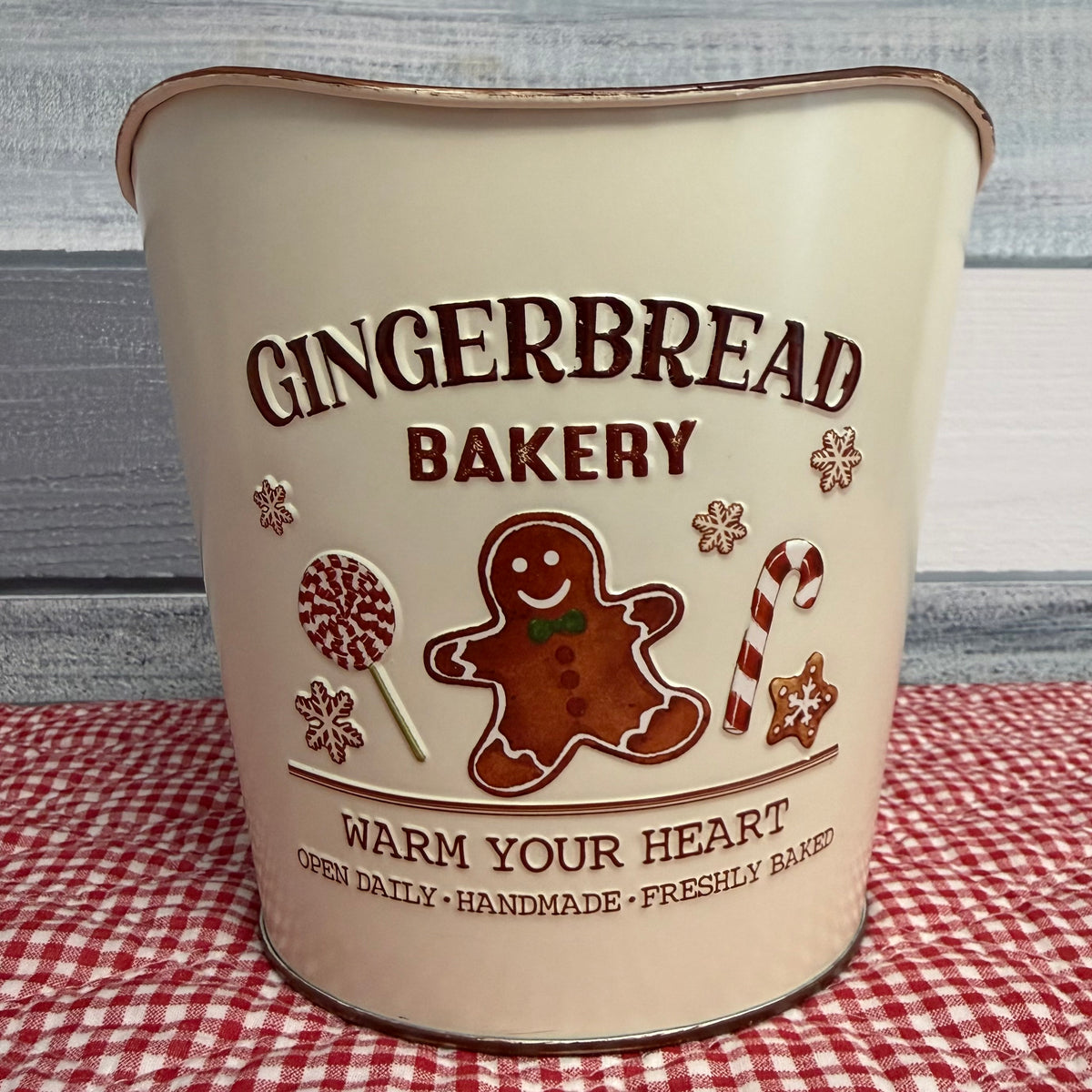 Festive "Gingerbread Bakery" Round Metal Pot – Holiday Planter & Treat Container