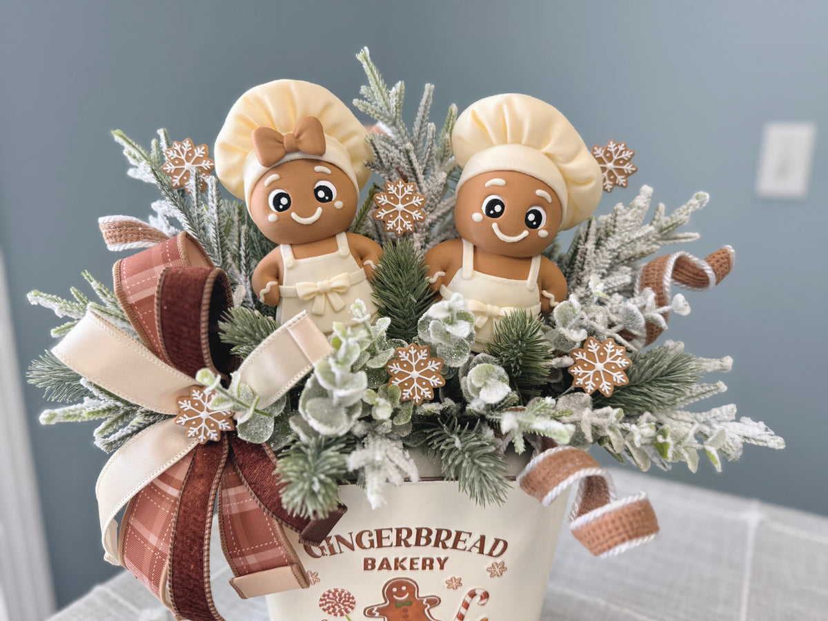 Neutral Gingerbread Bakery Arrangement with Exclusive Chef Duo | Holiday Table Centerpiece