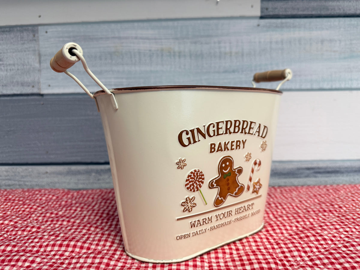 Festive "Gingerbread Bakery" Metal Tin Bucket with Wooden Handle – Holiday Home Decor & Gift Container