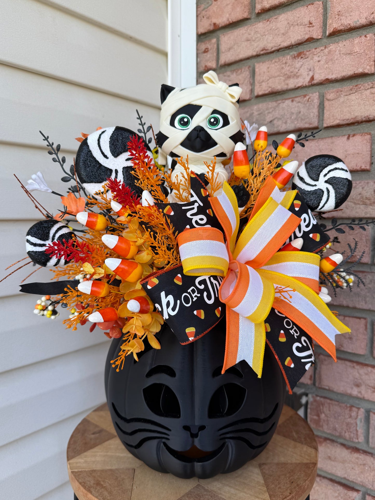 Made To Order- Light-Up 3D Printed Mummy Kitty & Candy Corn Halloween Centerpiece Arrangement