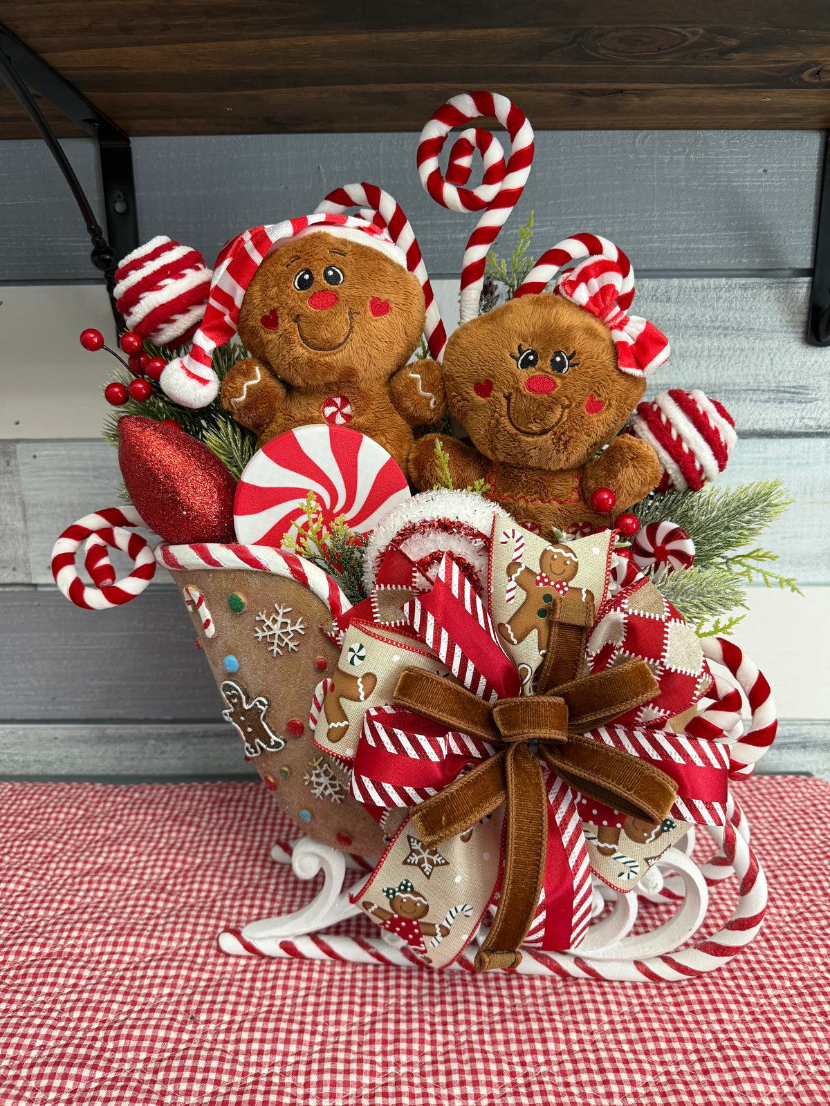 Gingerbread & Peppermint Sleigh Wonderland Floral Arrangement | Holiday Decor