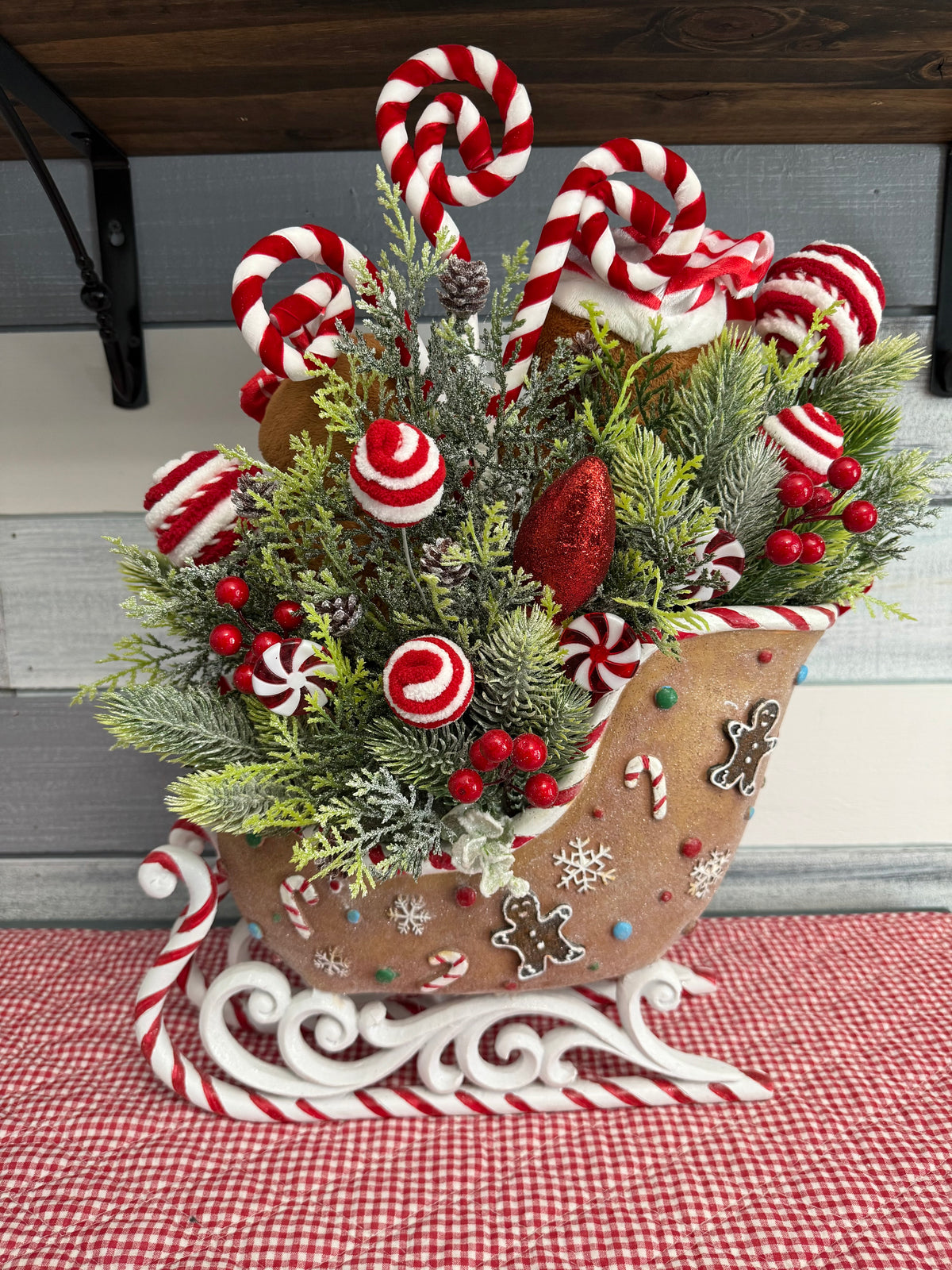 Gingerbread & Peppermint Sleigh Wonderland Floral Arrangement | Holiday Decor