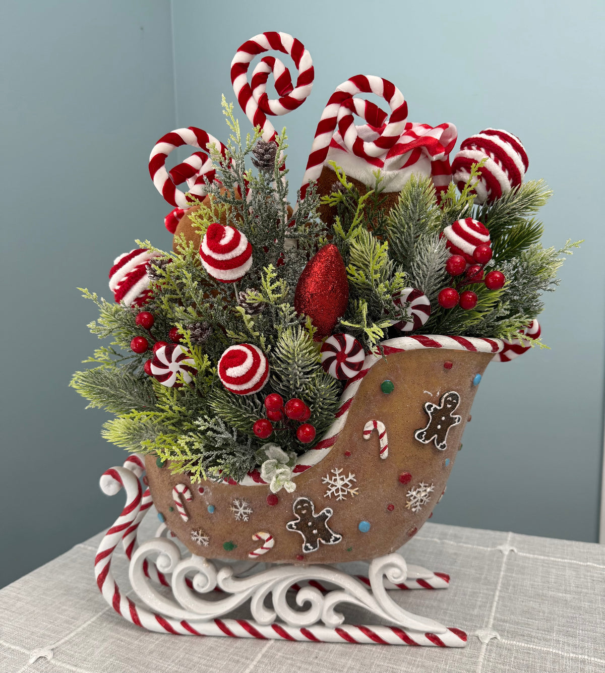 Gingerbread & Peppermint Sleigh Wonderland Floral Arrangement | Holiday Decor
