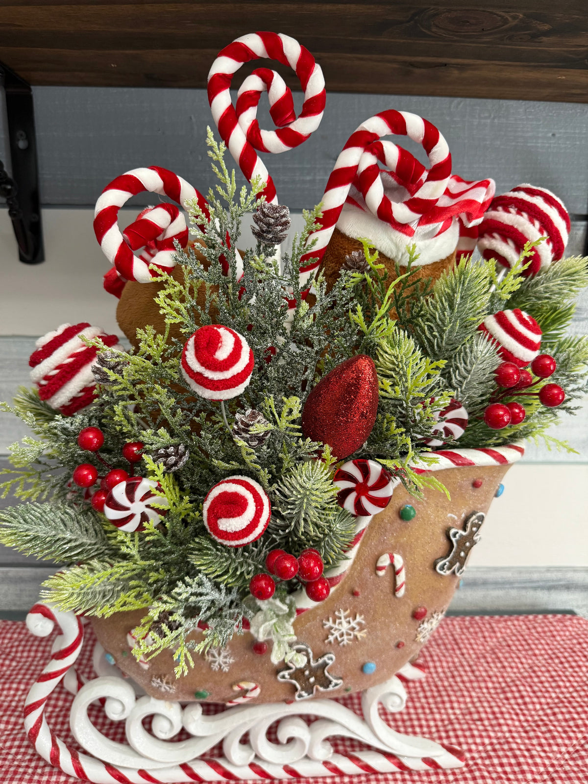 Gingerbread & Peppermint Sleigh Wonderland Floral Arrangement | Holiday Decor
