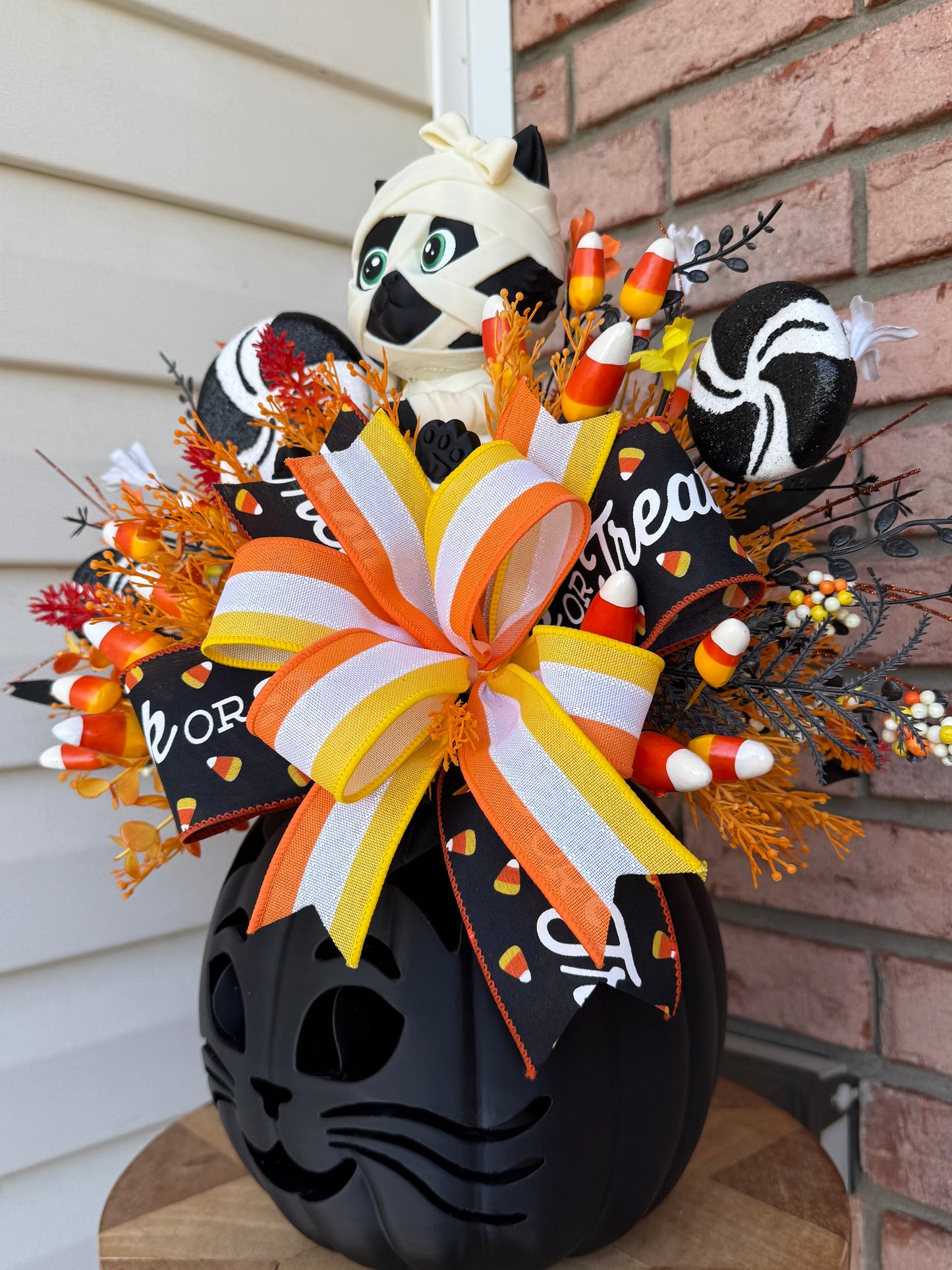 Made To Order- Light-Up 3D Printed Mummy Kitty & Candy Corn Halloween Centerpiece Arrangement
