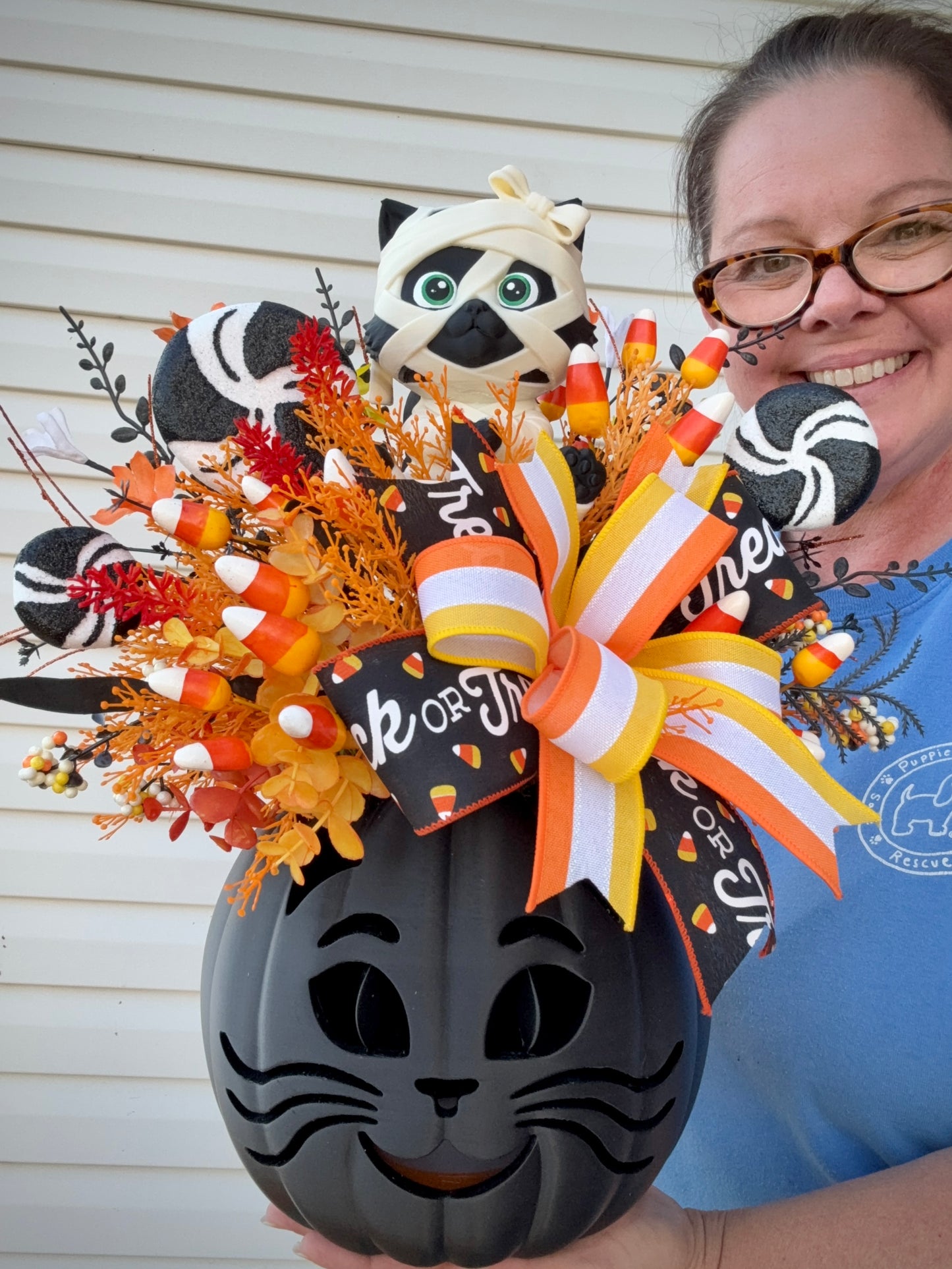 Made To Order- Light-Up 3D Printed Mummy Kitty & Candy Corn Halloween Centerpiece Arrangement