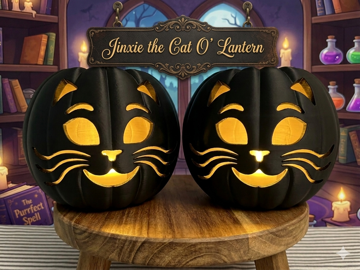 Jinxie the Black Cat Jack O Lantern | 3D Printed Halloween Decor | Floral Centerpiece Base or Standalone Spooky Pumpkin
