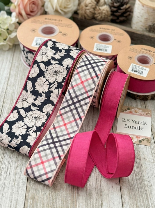 The Parisian Peony Trio- Floral, Plaid & Hot Pink Ribbon Trio