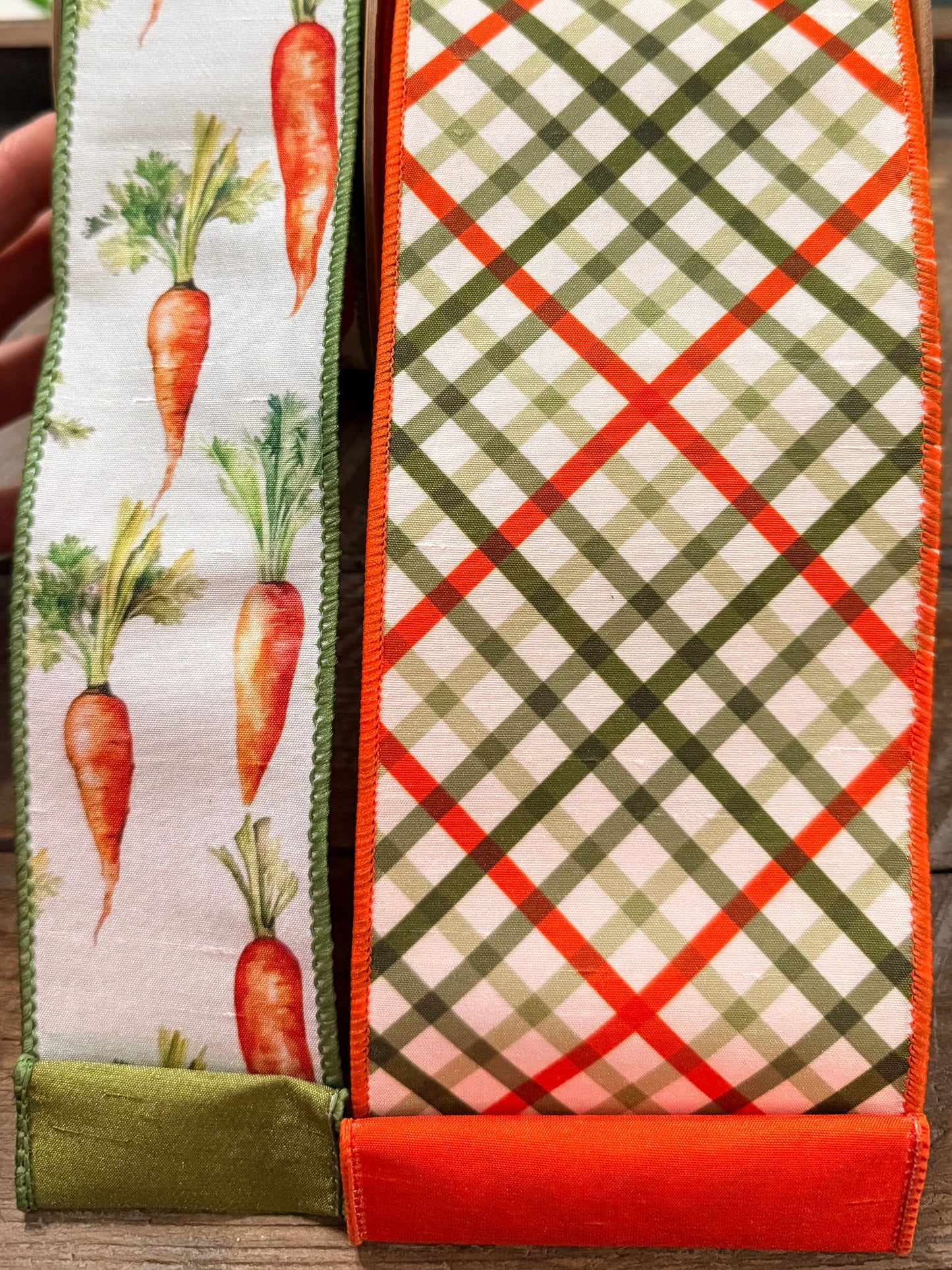 2 1/2" Wired Dupioni Ribbon | Carrots w/ Green Silk Backing | 10 Yard Roll