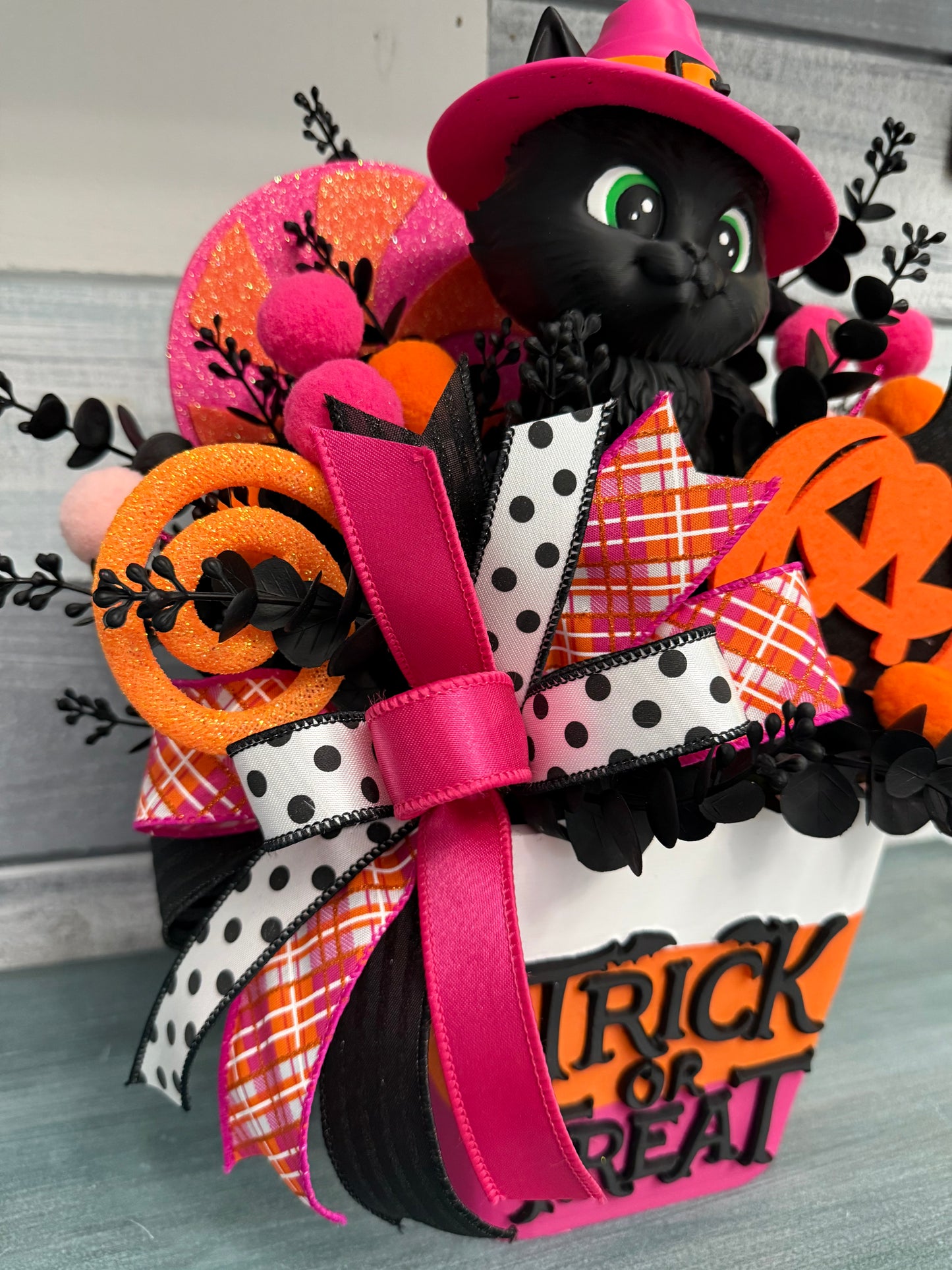 Whimsical "Trick or Treat" Witch Kitten Floral Arrangement – Exclusive Halloween Decor