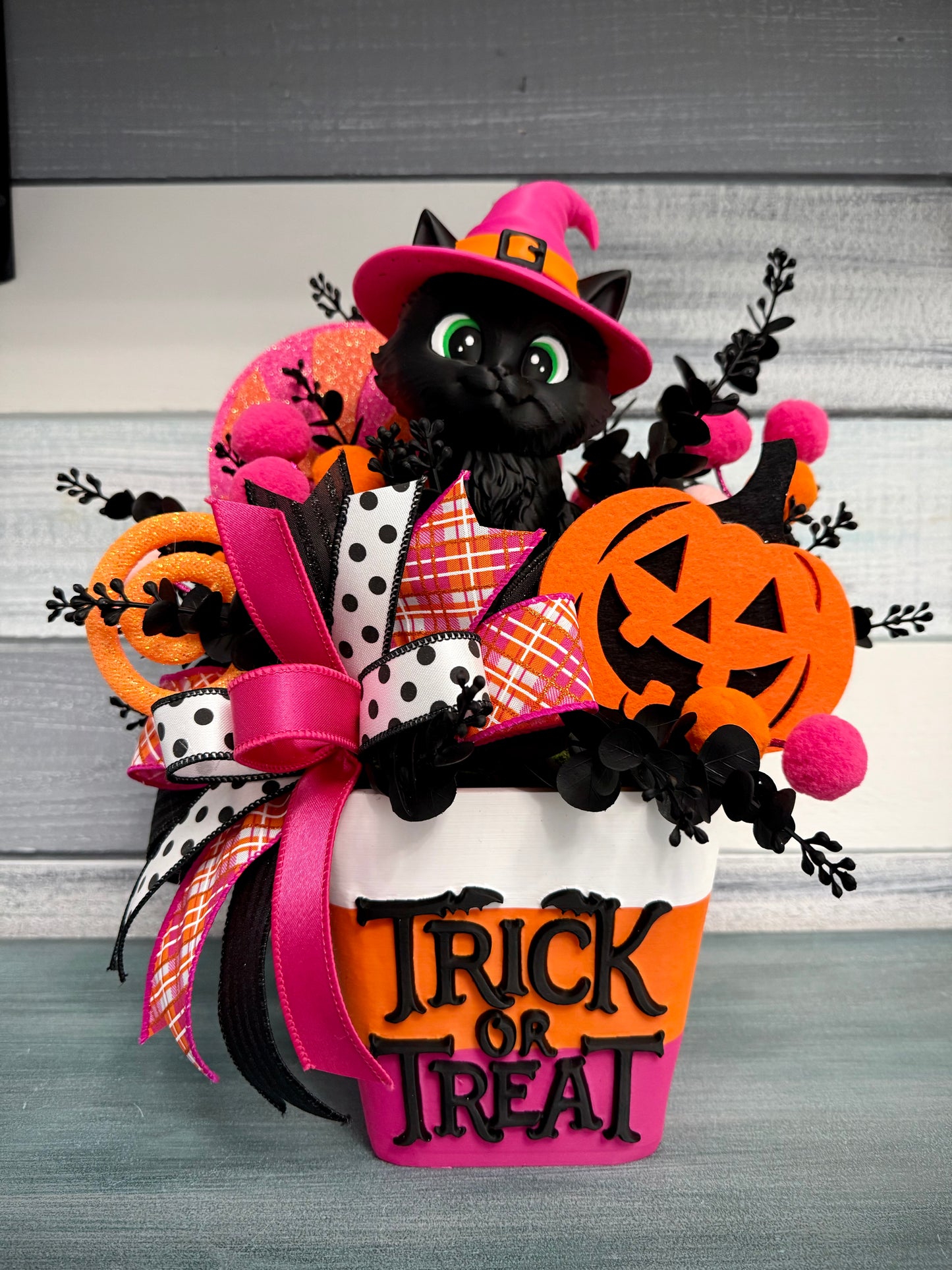 Whimsical "Trick or Treat" Witch Kitten Floral Arrangement – Exclusive Halloween Decor