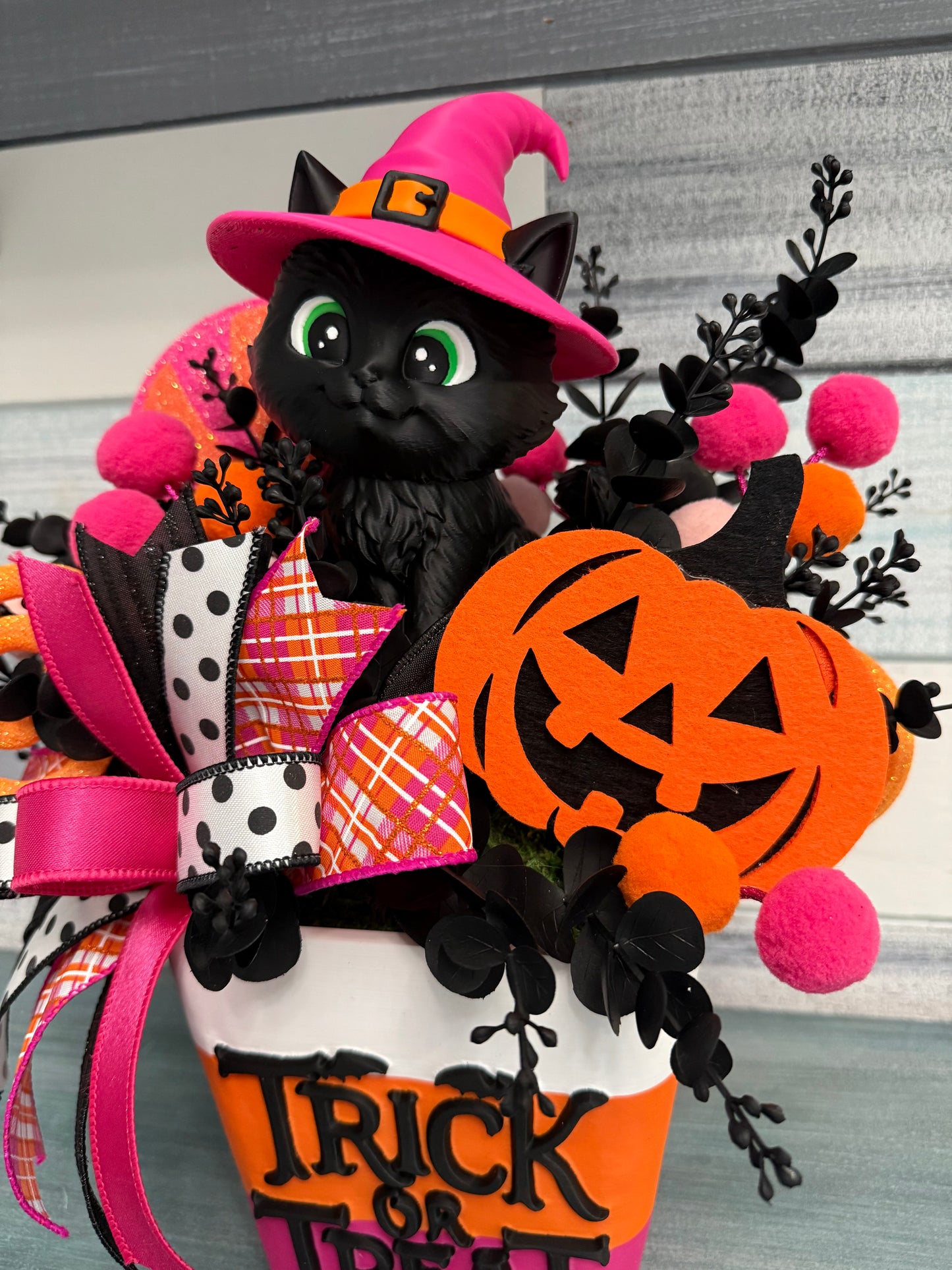 Whimsical "Trick or Treat" Witch Kitten Floral Arrangement – Exclusive Halloween Decor