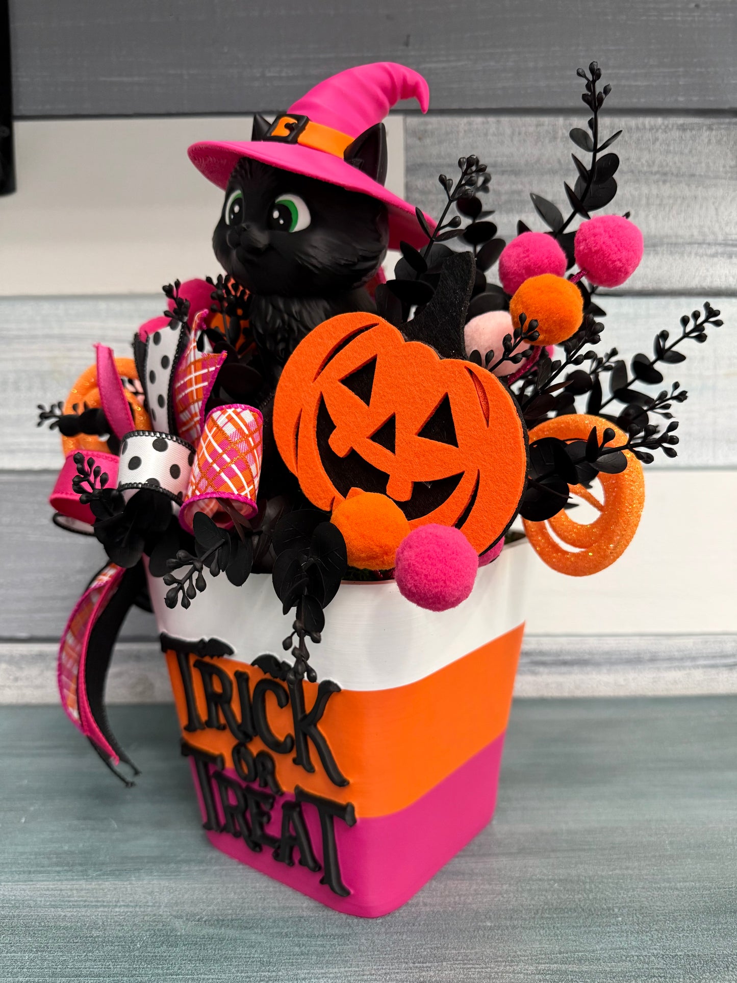 Whimsical "Trick or Treat" Witch Kitten Floral Arrangement – Exclusive Halloween Decor