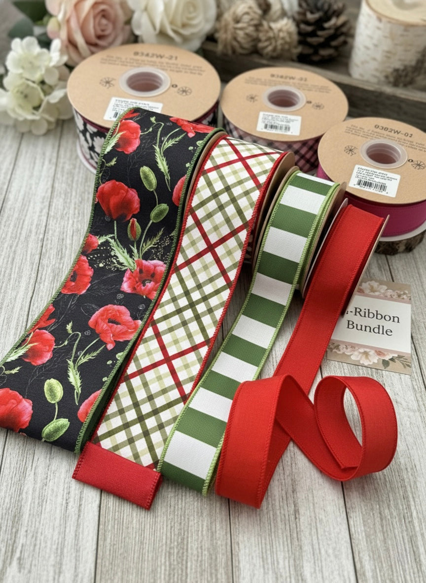 4" Wired Dupioni Ribbon | Poppies on Black w/ Green Backing | 10 Yard Roll