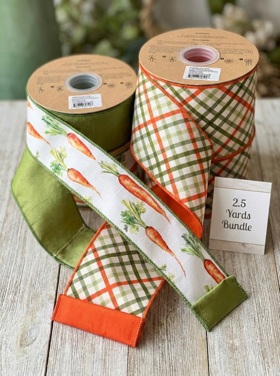 Cottage Garden Plaid & Carrot Combo – 4" Garden Bias Plaid & 2.5" Carrot Ribbon Bundle