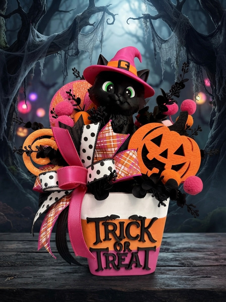 Whimsical "Trick or Treat" Witch Kitten Floral Arrangement – Exclusive Halloween Decor