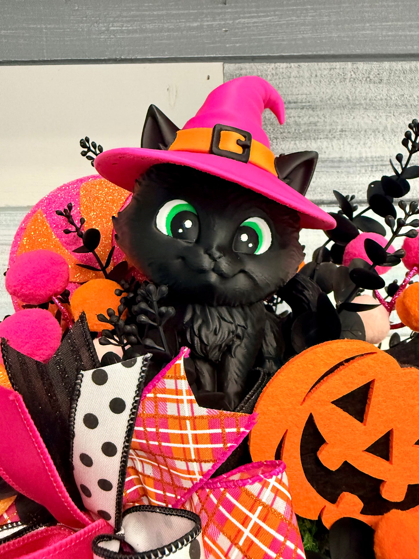 Whimsical "Trick or Treat" Witch Kitten Floral Arrangement – Exclusive Halloween Decor