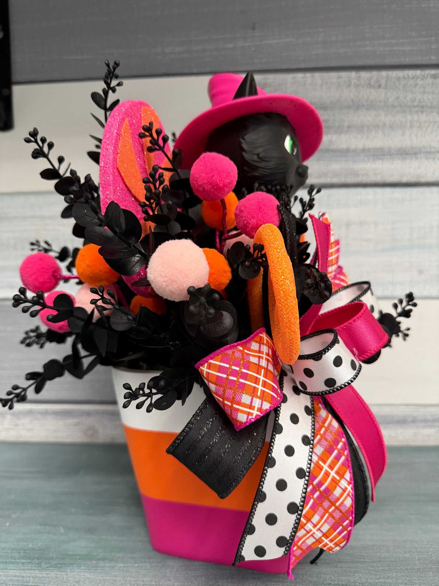 Whimsical "Trick or Treat" Witch Kitten Floral Arrangement – Exclusive Halloween Decor