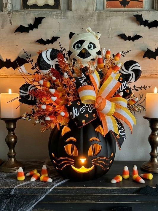 Made To Order- Light-Up 3D Printed Mummy Kitty & Candy Corn Halloween Centerpiece Arrangement