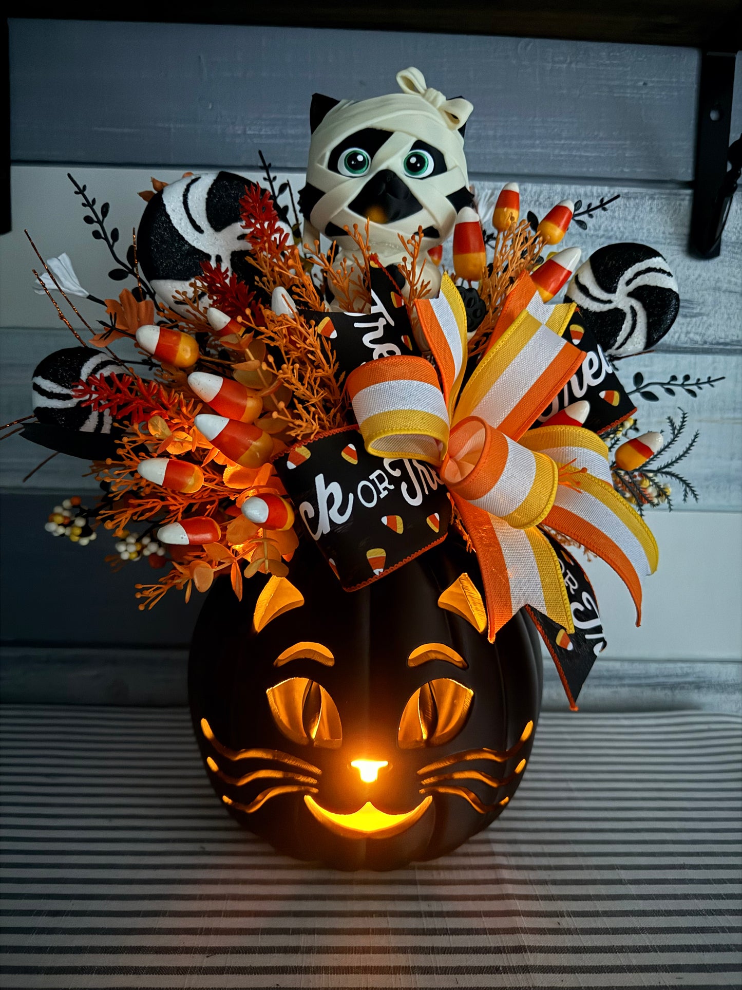 Made To Order- Light-Up 3D Printed Mummy Kitty & Candy Corn Halloween Centerpiece Arrangement