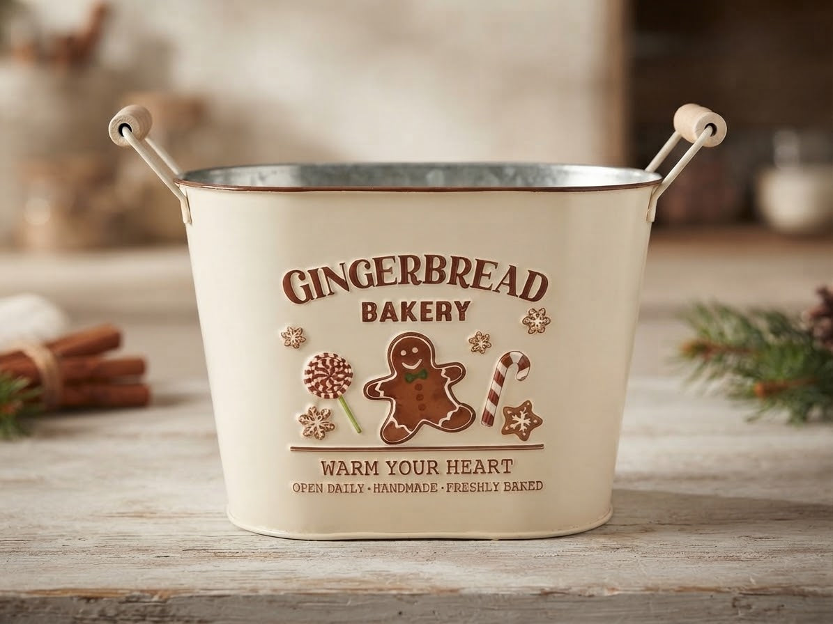 Festive "Gingerbread Bakery" Metal Tin Bucket with Wooden Handle – Holiday Home Decor & Gift Container