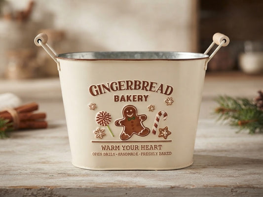 Festive "Gingerbread Bakery" Metal Tin Bucket with Wooden Handle – Holiday Home Decor & Gift Container