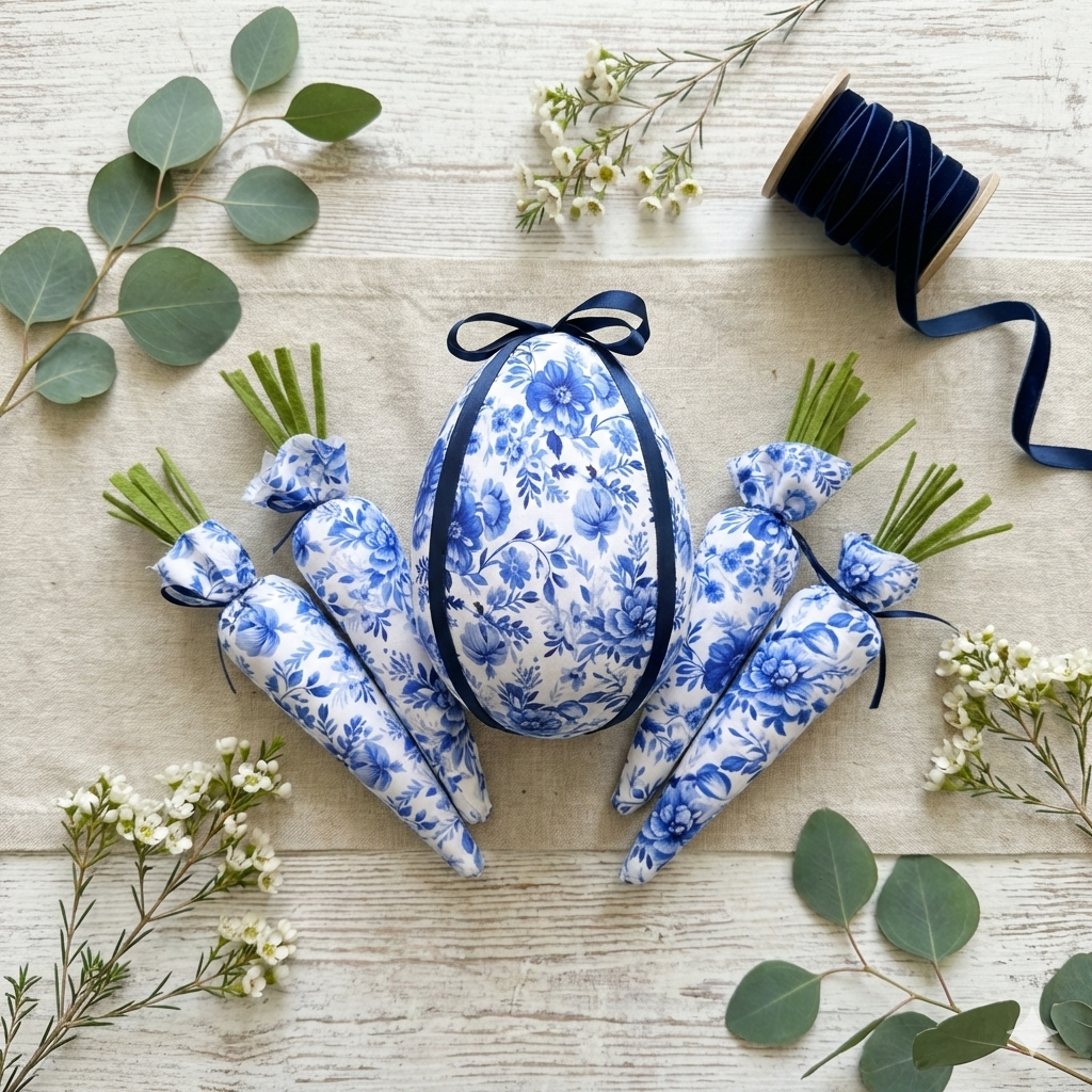 Blue & White Chinoiserie Toile Fabric Easter Decor | 7" Egg & 10" Carrot Bundle