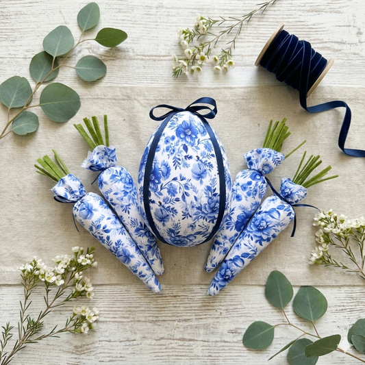 Blue & White Chinoiserie Toile Fabric Easter Decor | 7" Egg & 10" Carrot Bundle