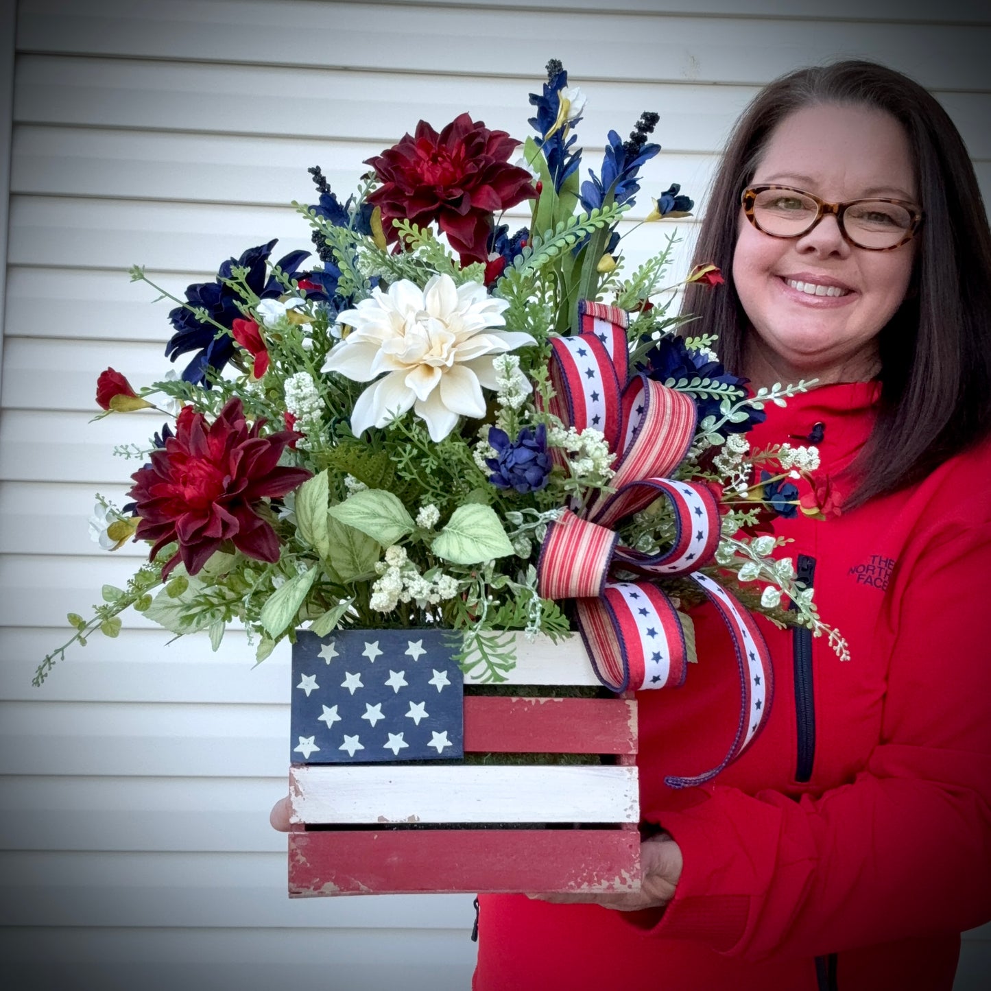 Patriotic Floral Arrangement | American Flag Crate Centerpiece, Red White Blue Summer Decor