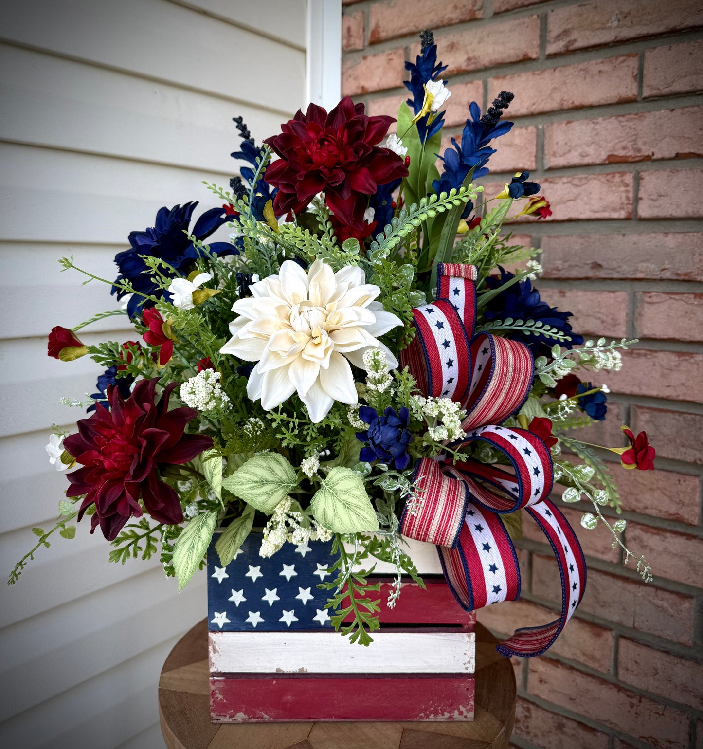 Patriotic Floral Arrangement | American Flag Crate Centerpiece, Red White Blue Summer Decor
